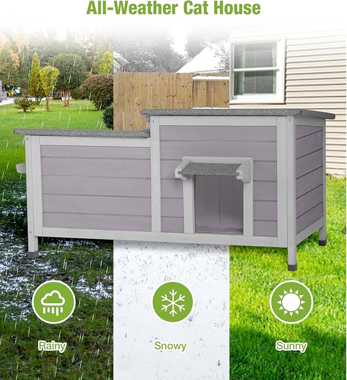 GUTINNEEN Outdoor Cat House Weatherproof, Large Cat Shelter with Openable Roofs, Feral Kitty Shelter with Elevated Base, PVC Curtain