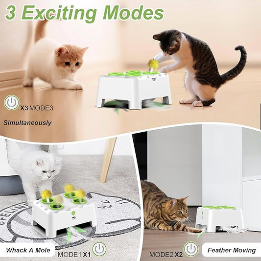 Cat Toys, Interactive Cat Toys, 2-in-1 Automatic Cat Toy, 4 Holes Mice Whack A Mole Cat Mouse Toy with Moving Feather, Portable USB Rechargeable Electronic Kitten Toys (White)