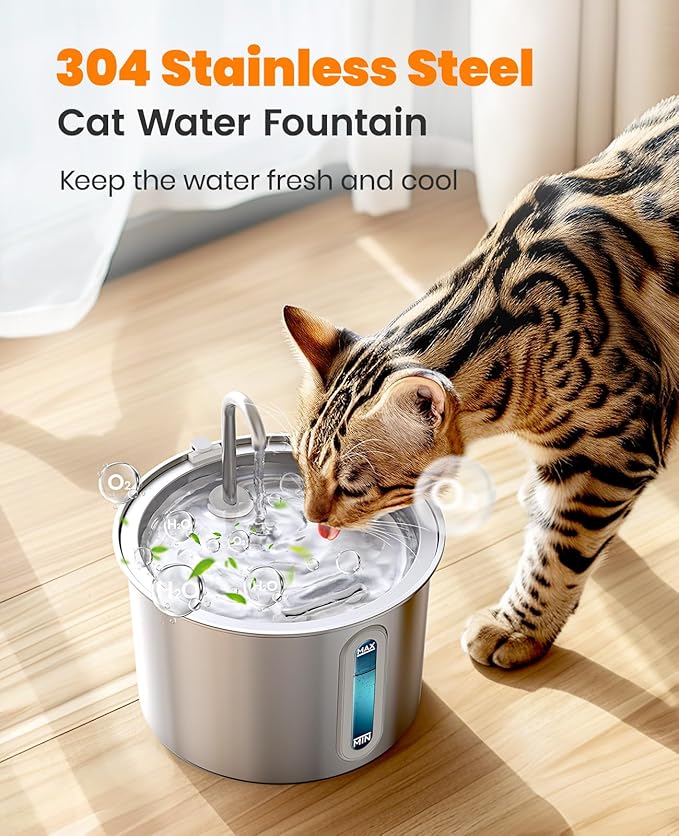 oneisall Stainless Steel Cat Water Fountain, 2L Water Fountains for Cats Indoor with Quiet Pump and 3 Replacement Filters, Pet Water Fountain Faucet Spout Design Cat Fountain Drinking Inside, PWF 001