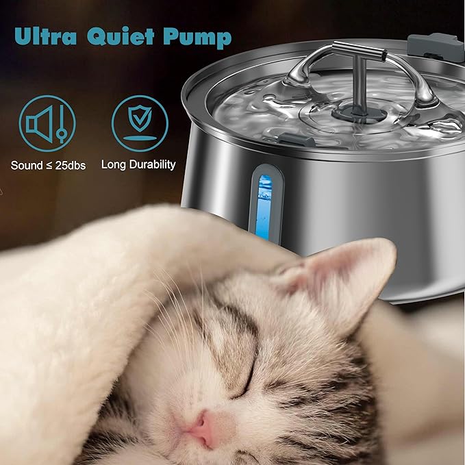 Stainless Steel Cat Water Fountain,Pet Water Fountain 4L/135oz Large Capacity,Dog Water Dispenser with Water Level Window, Multiple Filtration, Quiet Automatic Pet Fountain Easy Clean,2Faucet