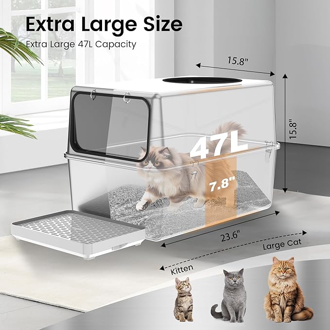 Stainless Steel Litter Box with Lid – Dog Proof, XL Enclosed Metal, High Side, Odor Control, for Big Cats & Multi-Cat Household, Black, Dubble Entry (Top and Front)