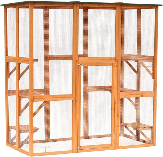 PawHut Outdoor Cat House Big Catio Wooden Feral Cat Shelter Enclosure with Large Spacious Interior, 6 High Ledges, Weather Protection Asphalt Roof, 71" L, Orange