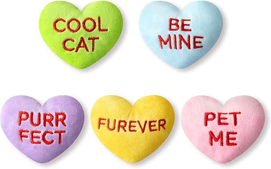 MALLMALL6 5Pcs Conversation Heart Candy Catnip Toys for Cat, Catmint Interactive Kitten Teething Chew Kick Toy for Indoor Cats, Soft Pet Sweetheart Gift Supplies