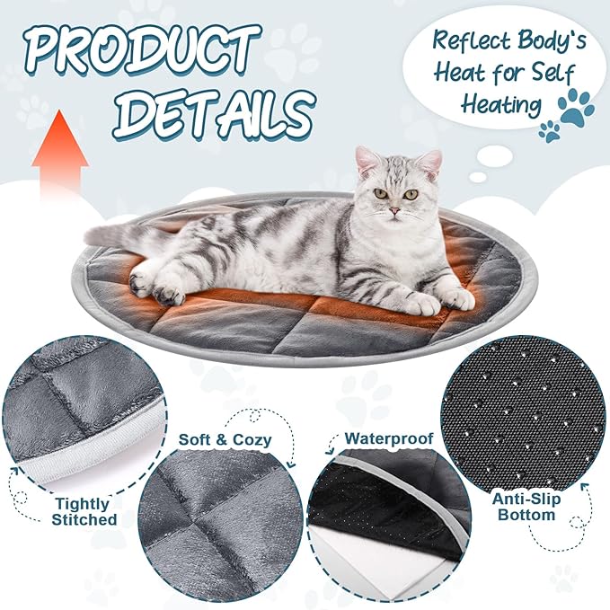 2 Pcs Cat Heating Pad Round 16 Inch Self Heating Cat Mat Washable Heated Bed Anti Slip Warming Pad Pet Bed Mat for Kennel Dog Crate Indoor Outdoor(Gray,19 Inch)