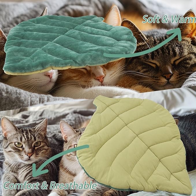 Leaf Shaped Self-Warming Cat Bed Mat – 26"x20" Flannel & Cotton Pet Pad, Warm Pet Cat Mat for Indoor, Soft Kitten Cushion & Puppy Mattress (Green)