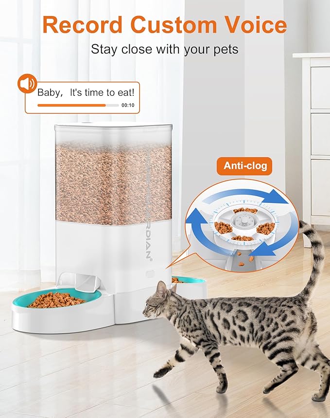 HoneyGuaridan 5L Automatic Cat Feeder for Two Cats, 2.4G WiFi Enabled Smart Feed Pet Feeder with Slow Feeder Bowl,APP Control Dispenser, Dual Power Supply,Desiccant Bag,10s Meal Call White