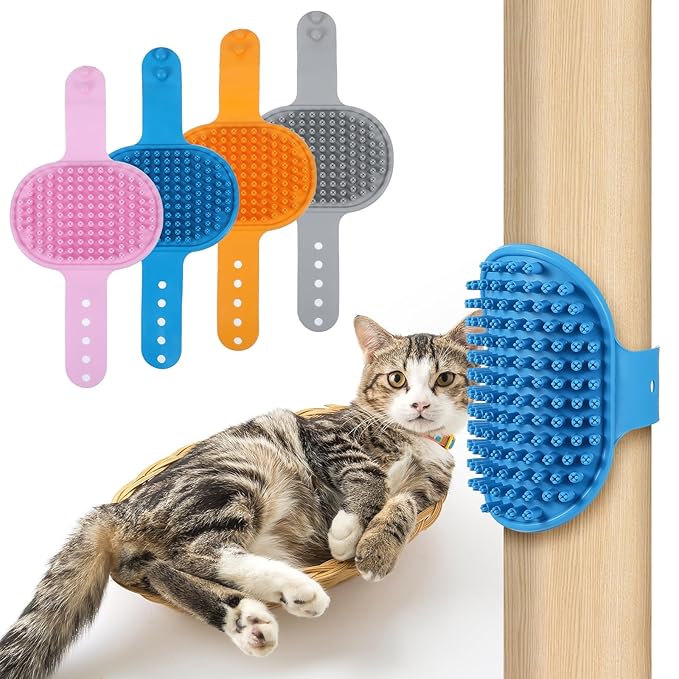 4Colors Cat Self Groomer for Indoor Cats, Wall Mounted Silicone Self Grooming-Cat Brush for Long Short Hair, Cat Face Scratchers Corner Massage Comb for Kitten Chair Leg Climbing Frame Scratching Post