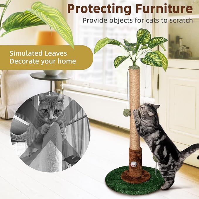 Meowoou Cat Scratching Post for Indoor Cats with Cat Toy Mouse Hole and Interactive Hanging Ball,32 inch Tall Cat Scratcher Palm Cat Tree Tower with Sisal Rope for Indoor Kitten