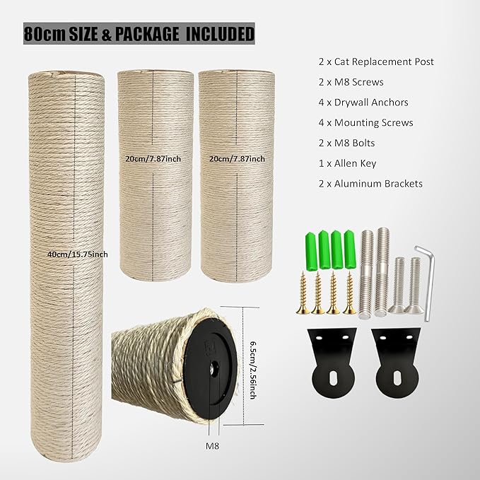 Cat Scratch Post to The Wall, 31.5inch (7.87in*2+15.7in) sisal Pole Cat Tree Replacement Post with M8 Screws, Indoor cat Tower Spare Furniture Protector with Scratch Post Filling (31.5inch-1Pcs)
