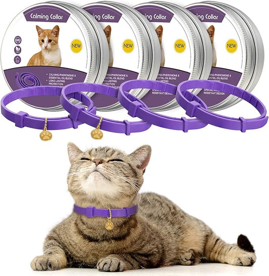 4 Pcs Cat Calming Collar Adjustable Lavender Scent Relaxing Cat Collar with 2 Pendant for Puppies Reduce Stress Aggression Anxious, up to 15 Inches(Purple, Gold)