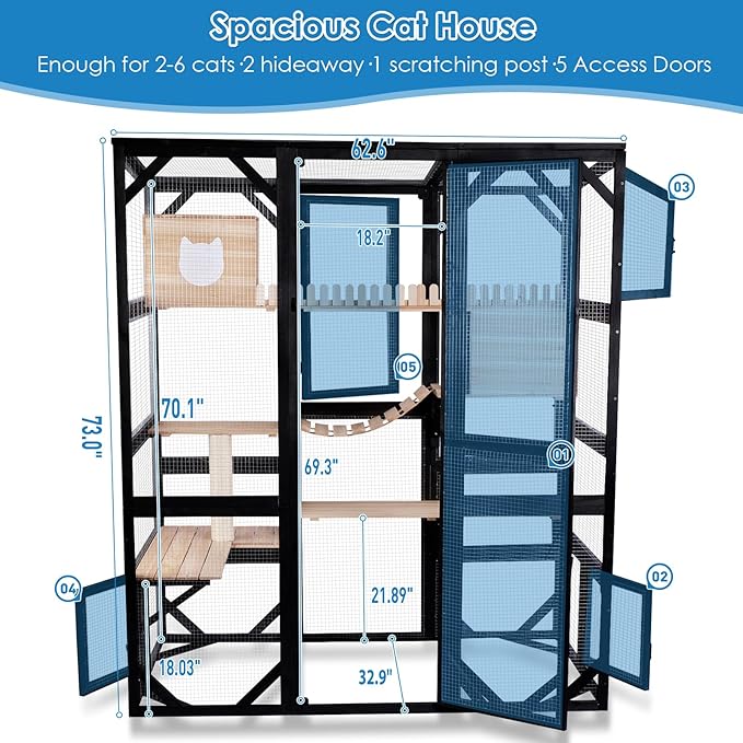 Large Catio Outdoor Cat Enclosure Window 73" H Walk-in Cat House Kitty Cage for Multiple Indoor Outdoor Cats Outside Patio with 5 Access Doors Waterproof Roof