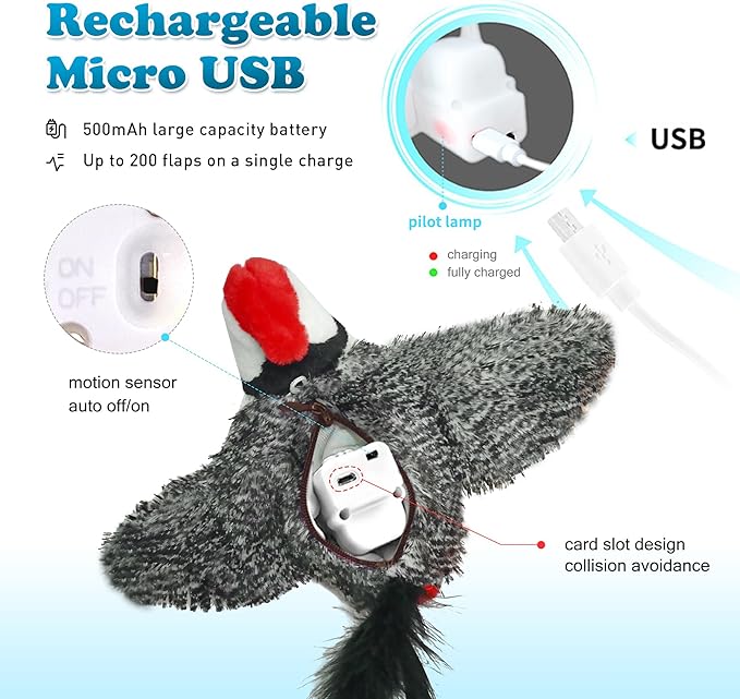 LEWISER Cat Toys, Flapping Wings Cute Woodpecker, No Flying, Chirping Bird Interactive Catnip Toy for Kitten or Small Dogs, Touch Activated, Rechargeable