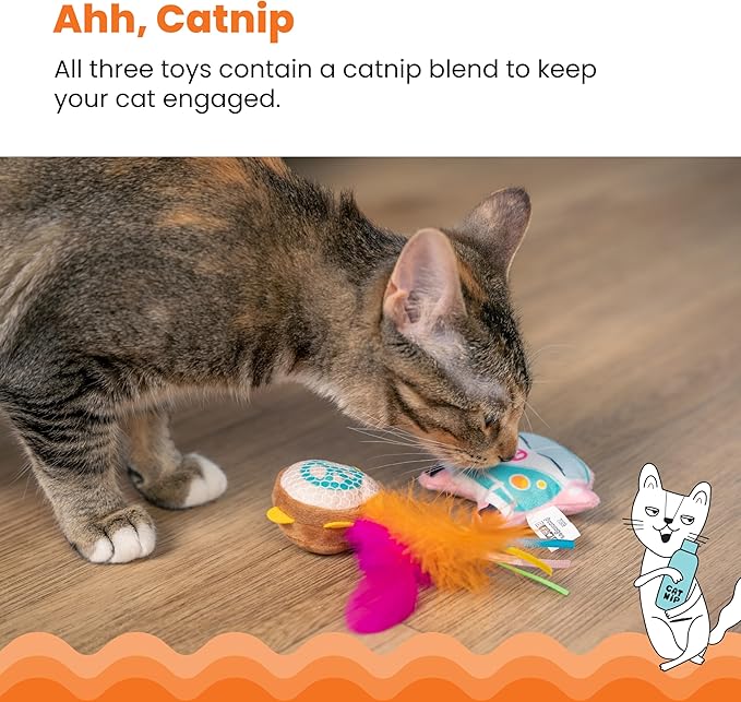 Catstages Festival 3 Pack Interactive Catnip Cat Toys with Crinkle Sounds, Flinger, & Feathers for Play, Batting & Chasing