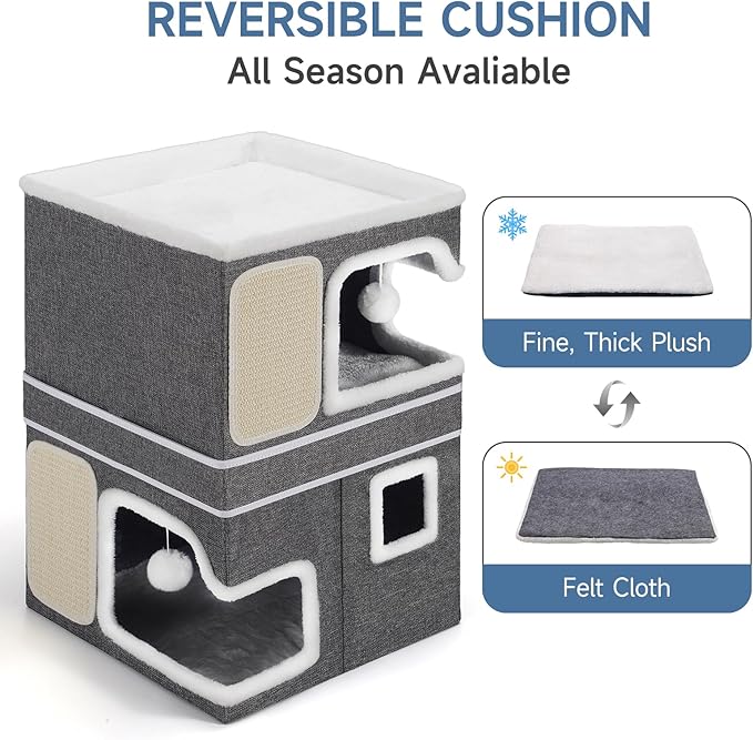 Double Cat Beds for Indoor Cats, 2-Storey Cat House with Large Cozy Hideaways, Dual Purpose Cat Cave Cube with Scratch Pads, Hanging Balls, Foldable Indoor Cat Houses for Multi Cats Kittens Small Pets