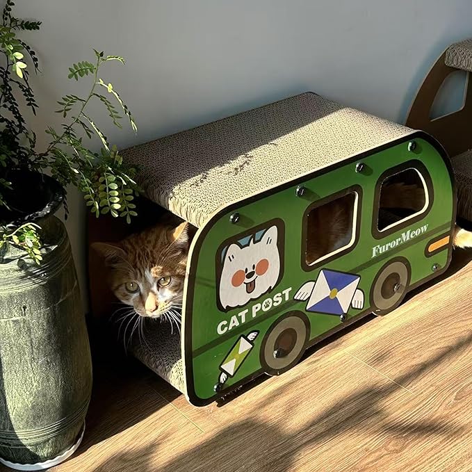 Cat Scratching House, Cat Cardboard House Green Bus, Long Scratching Post, 9x11.8x22 Inches, Fun Cube & Tunnel, Peekaboo Hideaway for Indoor Cats