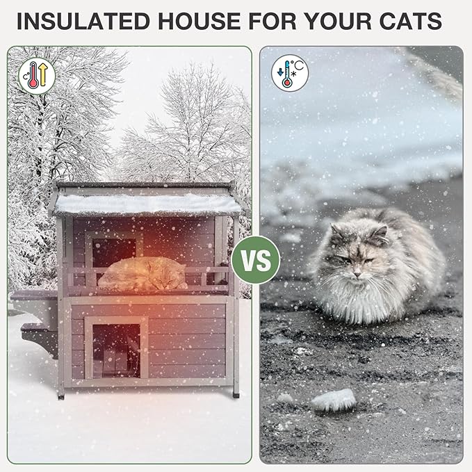 Insulated Cat House Outdoor, Weatherproof Kitten Home with Large Balcony and Funny Stairs, Wooden Feral Cat Shelter with Two Rooms