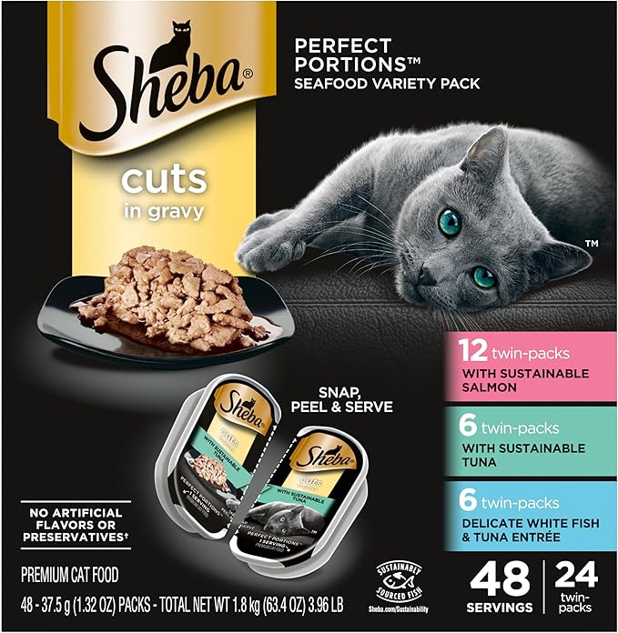 Sheba Perfect Portions Wet Cat Food Cuts in Gravy Variety Pack, with Sustainable Salmon, with Sustainable Tuna, and Delicate Whitefish & Tuna Entree, 2.6 oz. Twin-Pack Trays (24 Count, 48 Servings)