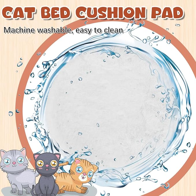 Abbylike 3 Pack 13.8 Round Cat Dog Bed Cushion Pad Mat Faux Rabbit Fur Pet Sleeping Mat with Small Ball Warm Plush Anti Slip Washable Cat Tree Tower Replacement Cushion Pad for Carrier Crate, White