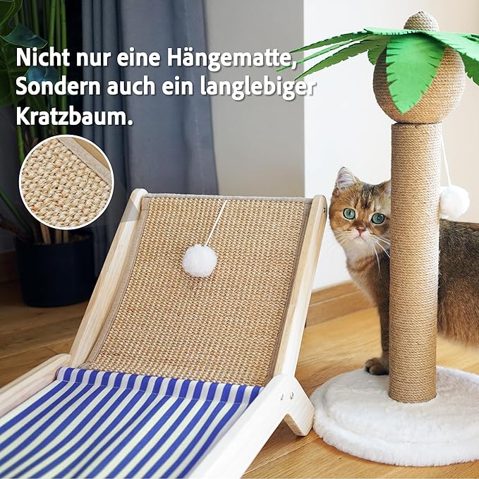 PETKARAY Beach Chair Cat Hammock, Elevated Cat Beds for Indoor Cats, Original Cozy Lounger with Sisal Scratcher and Toy Ball