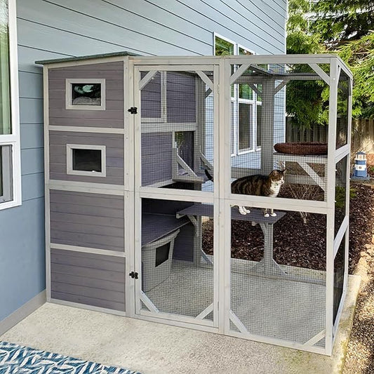 Catio Cat House Outdoor Kitty Enclosures 77" Large Cat Home with Run Cat Cage with Platforms Kitty Playpen,4 Tiers