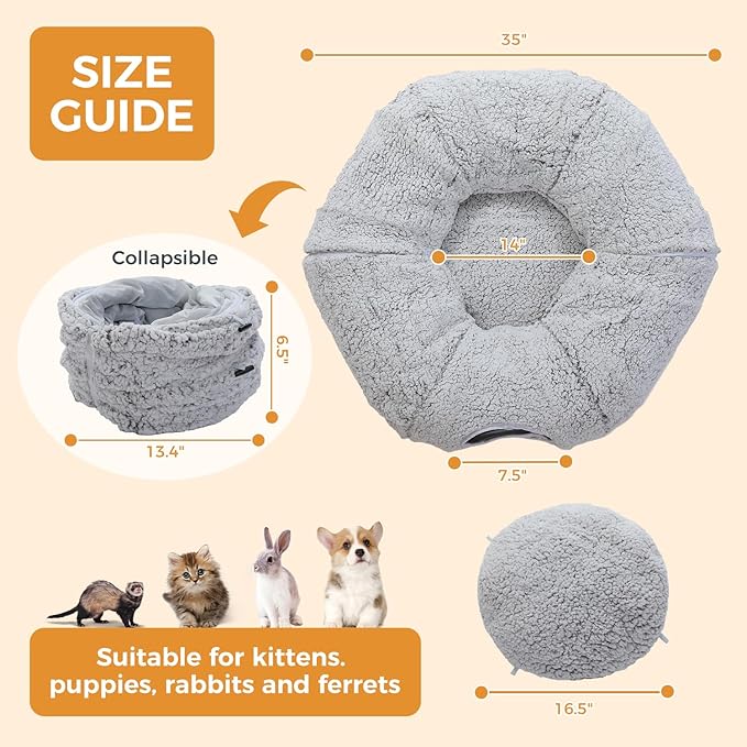 PEQULTI Cat Tunnel with Bed for Indoor Cats, Cat Play Donut Tunnel with Washable Soft Plush Mat, Round Cat Tunnel Toys Cute Cat Tube for Kittens, Puppies, Rabbits and Ferrets, Grey