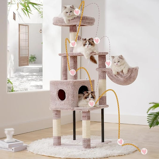 Heybly Cat Tree, 49.2 Inches Cat Tower for Indoor Cats, Spacious Cat House Condo with Hidden Space，Sturdy Steel Tube，Soft Plush Top Perch，Cozy Hammock and Sisal Scratching Posts, Muchroom HCT200SMU