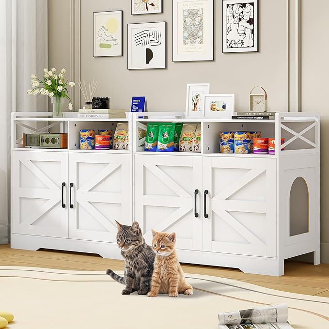 Cat Litter Box Enclosure, Ultra-Large Hidden Litter Box Furniture with Top Opening, Anti-Tipping Fence and 2 Open Drawers, Litter Box Cabinet End Table, White