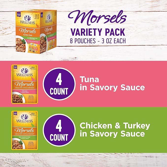 Wellness Healthy Indulgence Morsels Adult Wet Cat Food, Natural, Protein-Rich, Grain-Free, 3 Ounce Pouch, 8 Pack, (Morsels Variety Pack)