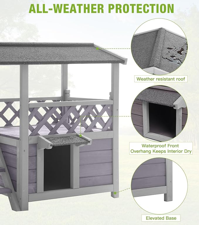 Cat House Outdoor Weatherproof – 100% Solid Fir with Waterproof Paint, Two-Level Design, All-Weather Protection & Elevated Base – Kitty Shelter for Feral Cats, Indoor/Outdoor Use
