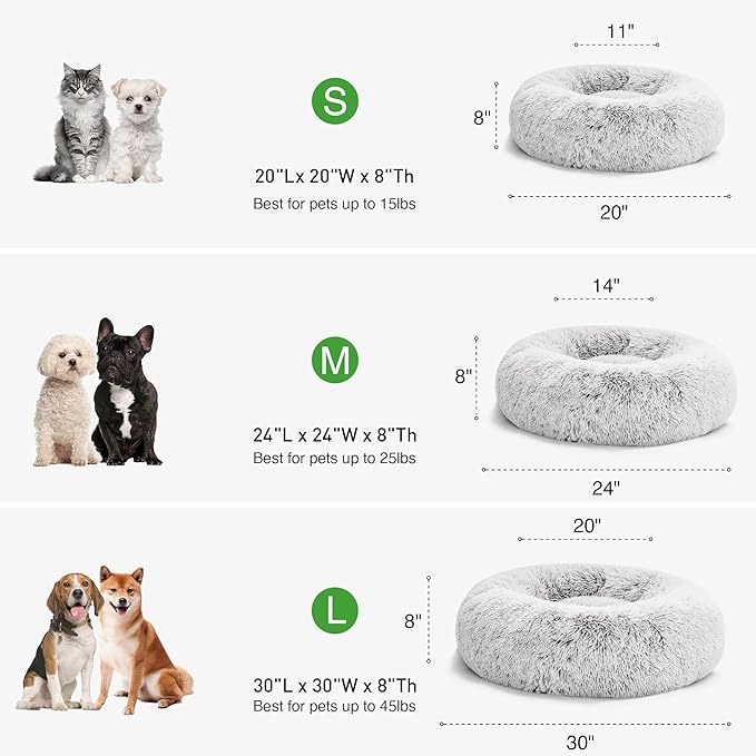 Love's cabin Calming Cat Bed for Indoor Cats, Anti-Anxiety Donut Round Dog Bed, Fluffy Faux Fur Washable Pet Bed for Small Medium Dogs and Cats,Grey,20in