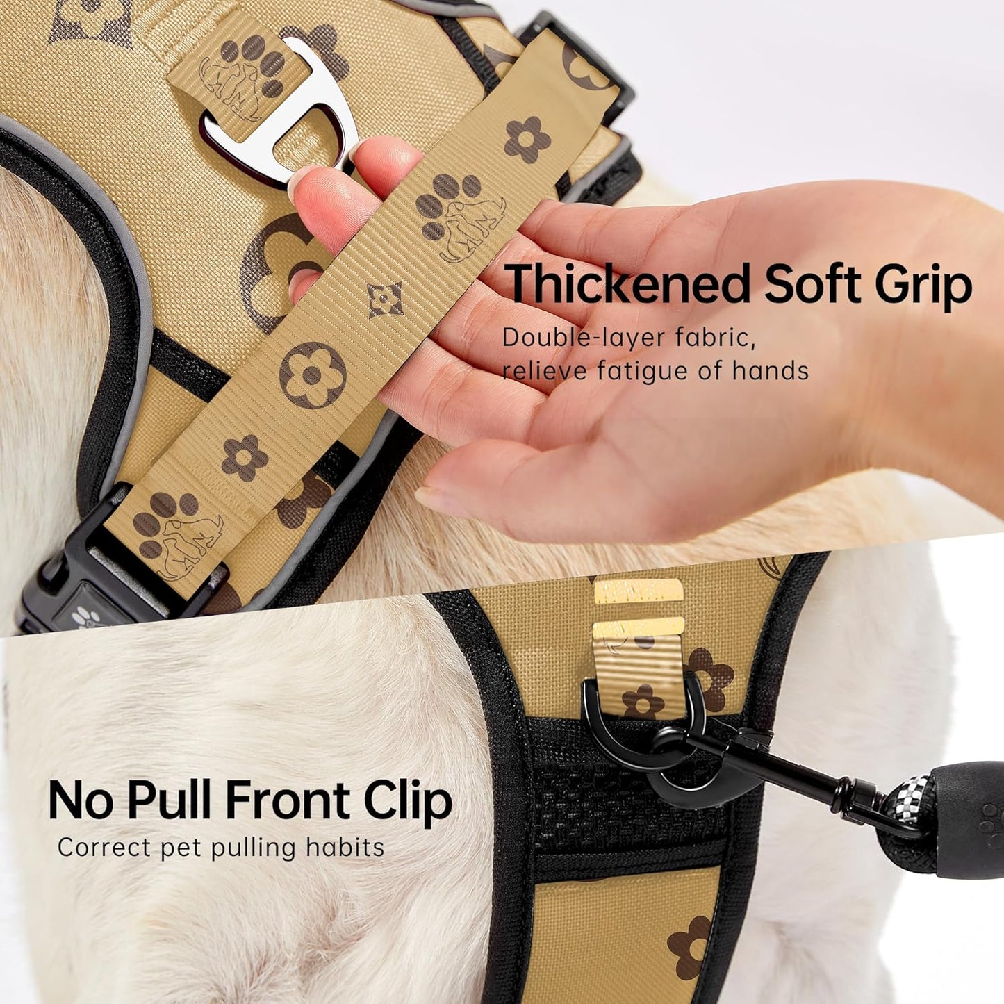 NESTROAD No Pull Dog Harness,Adjustable Oxford Dog Vest Harness with Leash,Reflective No-Choke Pet Harness with Easy Control Soft Handle for Large Dogs(Large,Light Brown)