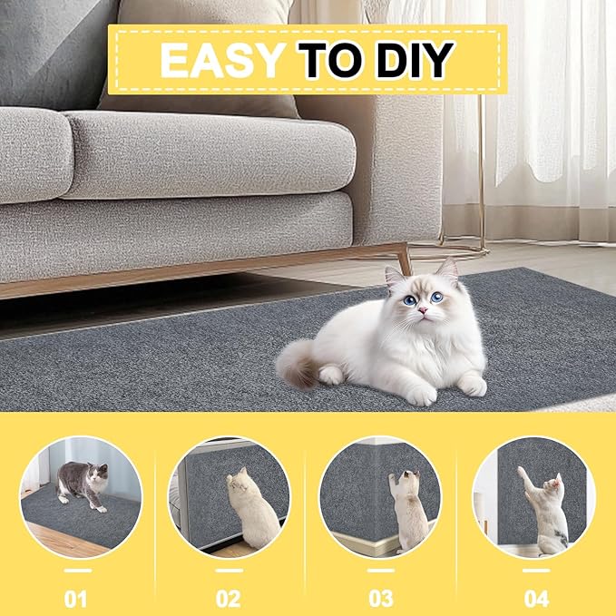 Cat Scratch Couch Furniture Protector,Trimmable Self-Adhesive Carpet, DIY Climb Cat Scratcher Mat for Covering Cat Tower and Couch Protector from Cat Claws(LightGrey,39.3x15.8In)