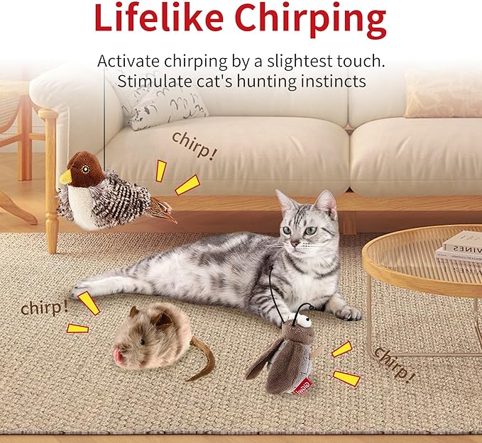 PETGEEK Gigwi Simulated Chirping Bird Cat Toy, Fake Interactive Cat Toys for Indoor Cats, Feather Toy with Hanging Loop for Bored Indoor Adult Kittens Interactive Play (Bird Mouse Cricket)