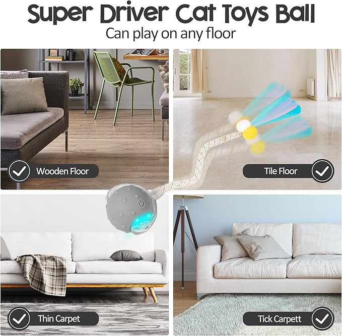 Interactive Cat Toys Ball for Indoor Cats, Automatic Moving Ball Toy with Elastic Mesh Tail, Chirping & Obstacle Avoidance and Motion Activated, Grey【Rechargeable】