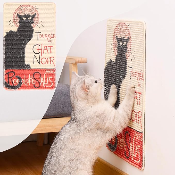 Sisal Cat Scratcher Mat (Use on Wall, Couch and Carpet), Durable and Shedding-Resistant Cat Scratching Surface - 21.7x13 inch with Adhesives and Twist Pins (The Black Cat Vintage Poster)