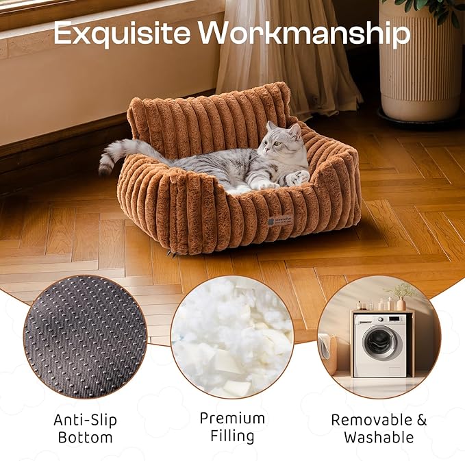 MEWOOFUN Cat Beds for Indoor Cats, Fluffy Cat Couch with Removable Washable Cover, Supportive Small Dog Beds for Puppy & Kitten up to 15 lbs (Brown, 24x19x12)