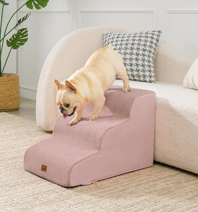 Made4Pets Dog Stairs Ramp for Small Dogs, 3-Step Dog Steps for Bed Couch Sofa and Chair, 35D Foam Pet Steps for Small Dogs and Cats, Non-Slip Bottom Pet Stairs, Pink