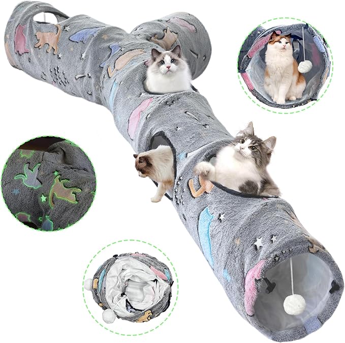 Cat Tunnels for Indoor Cats, Self-Luminous Cat Tunnel with Plush Ball, 3 Way Kitten Tunnel Collapsible, Cat Play Tunnel with Interactive Peephole for Large Cat, Puppy, Kitten