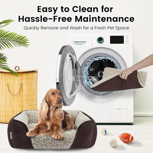Miguel Washable Dog Bed with Removable Cushion for Medium Small Dogs, Easy to Wash Pet Sofa Bed with Side, Rectangle Bolster Cat Bed Calming Cuddle Puppy Bed with Anti-Slip Bottom, Brown 25 Inch