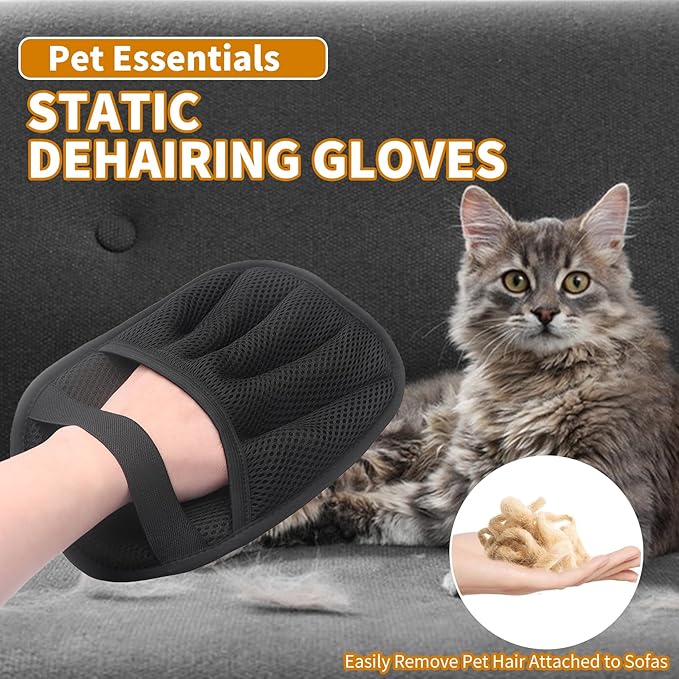 2PCS Electrostatic Pet Grooming Gloves, Reusable Hair Remover for Dog Cat Fur on Clothes Furniture Car Seat/Five Fingers/Black