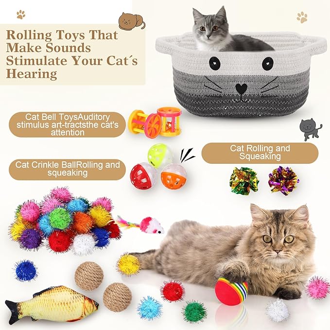 Zopeal 58 Pcs Cat Storage Basket Gift Toys Set, Colorful Flashing Balls Pet Bell Crinkle Balls Spring Toys Attract Cat to Swat, Bite, Hunt, Interactive for Pet (Multicolor,12 Inch)