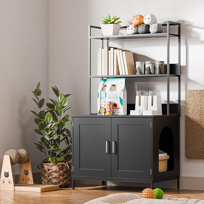 Cozy Castle Litter Box Enclosure, 57'' Cat Litter Box Furniture with Large Cabinet, Shelves, Hidden Cat House for Most of Litter Boxes, Wooden Pet Washroom Indoor, Black, No-Hook
