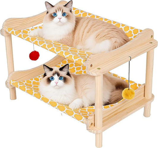 2-Layer Cat Hammock Bed, 24"x15.7"x16.3" Elevated Cat Bed with Pine Wood Frame, Breathable Washable Covers, Wooden Pet Furniture for Indoor Cats and Small Animals(Orange-2)