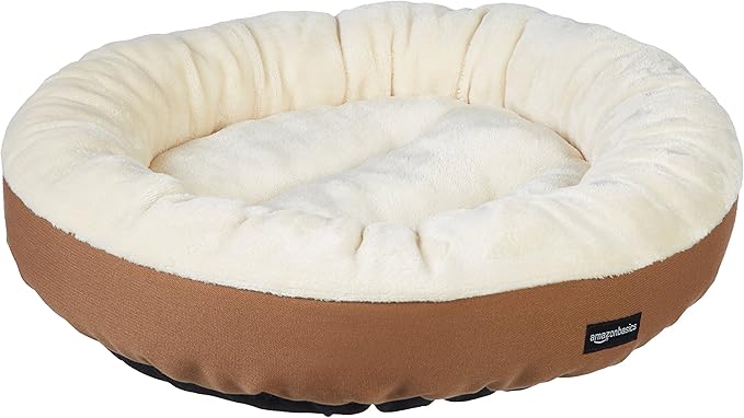 Amazon Basics Round Bolster Pet Bed for Dog or Cat with Flannel Top, 20.0" L x 20.0" W x 8.0" Th, Brown and Ivory