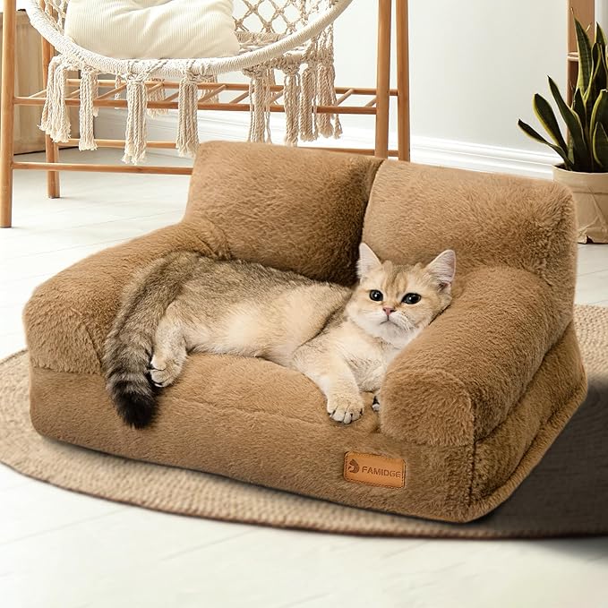 Cat Couch Bed - Cat Bed for Indoor Cats, Calming Pet Sofa Puppy Sleeping Bed with Removable Washable Cover, Cute Dog Couch and Kitty Lounge Chair for 12lbs Cats & Small Dogs(Brown)