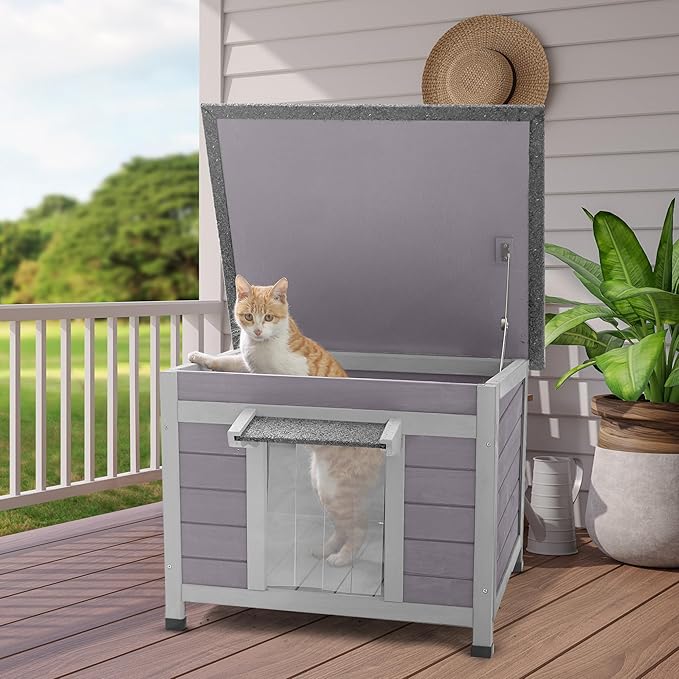 Outdoor Cat House Weatherproof, Feral Cat Shelter with Asphalt Openable Roof, PVC Curtain & Elevated Base for Rain Resistance and Easy Cleaning