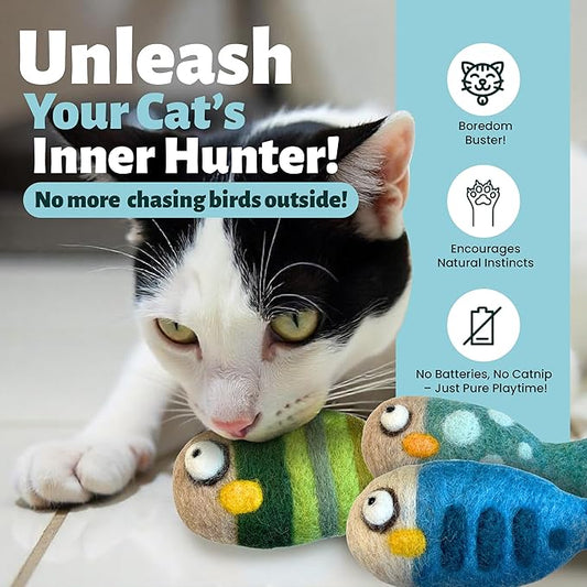 Woolbuddy 𝗡𝗲𝗲𝗱𝗹𝗲 𝗙𝗲𝗹𝘁𝗶𝗻𝗴 𝗞𝗶𝘁 𝗳𝗼𝗿 𝗕𝗲𝗴𝗶𝗻𝗻𝗲𝗿𝘀 DIY Cat Toys Set (3-Pack) – Handmade Felted Fish, Wool Felting Kit for Cats, Soft Enrichment Toys, No Catnip