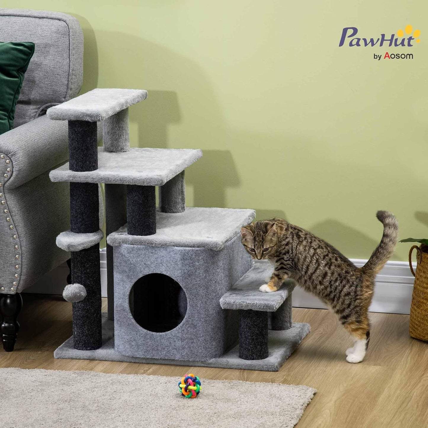 PawHut Pet Stairs, Adjustable Height 3/4 Step Cat Steps with Scratching Post, Condo, Toy Ball for High Bed, Sofa, Couch, Indoor Small Cats, Kittens, Gray