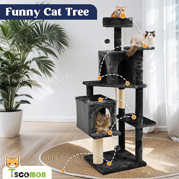 58.5inch Large Cat Tree Tower Condo for Indoor Cats, Soft Plush Multi-Level Climbing Tree Cat House, Scratching Post, More Entrance/Exit, Sisal Rope, Black