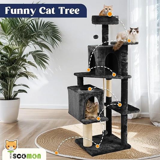 58.5inch Large Cat Tree Tower Condo for Indoor Cats, Soft Plush Multi-Level Climbing Tree Cat House, Scratching Post, More Entrance/Exit, Sisal Rope, Black